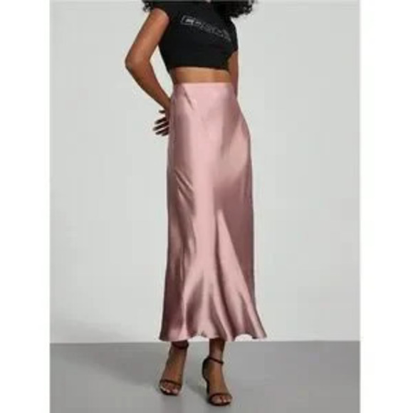 Dusty Pink Satin A-Line Skirt High Waisted Long - Picture 3 of 5
